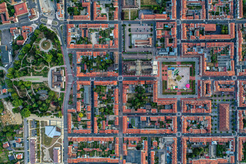 France, Marne, Chalons-en-Champagne, Aerial view of residential city district including town square and public park