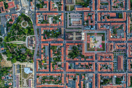 France, Marne, Chalons-en-Champagne, Aerial view of residential city district including town square and public park