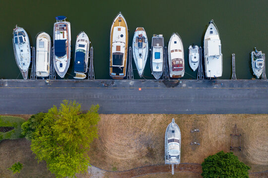 France, Aisne, Saint-Quentin, Aerial view of boats moored along Canal de Saint-Quentin