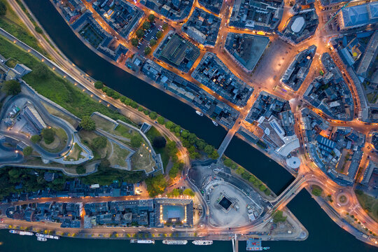Belgium,&Ocirc;&oslash;&Omega;Namur&Ocirc;&oslash;&Omega;Province, Namur, Aerial view of confluence of&Ocirc;&oslash;&Omega;Sambre&Ocirc;&oslash;&Omega;and Meuse rivers in middle of city