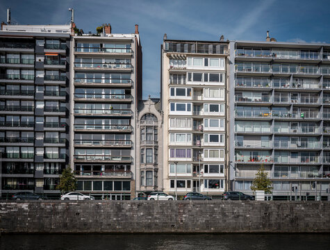 Belgium, Liege Province, Liege, Apartment buildings along city canal