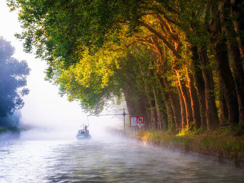 Boat on Canal entre Champagne et Bourgogne during foggy weather