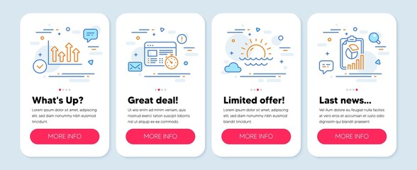 Set of Science icons, such as Web timer, Sunset, Upper arrows symbols. Mobile screen mockup banners. Report line icons. Online test, Sunny weather, Growth infochart. Presentation chart. Vector