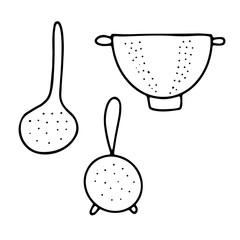Doodle hand drawn sifting dish. Outline sieve, skimmer, strainer isolated on white background. Cozy kitchen utensils, cute dishes for cooking. Slotted spoon, colander symbol. Vector food illustration