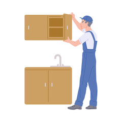 Carpenter or assembler assembling furniture flat vector illustration isolated.