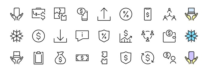 Set of business vector line icons. It contains user symbols, dollar pictograms, gears, briefcase, puzzles, envelope, percentage, messages, schedule, and more. Editable Bar 480x480 pixels.