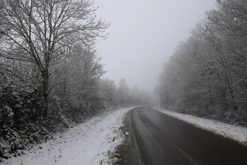 Obraz na płótnie Canvas Dangerous stretch of road on a foggy winter morning