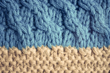 Knitted pattern of threads in blue and grey colors