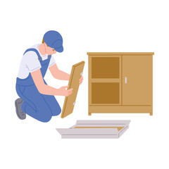 Male furniture maker or carpenter is repairs, assembling of home furniture.