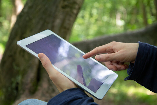 Mature man using digital tablet while sitting in nature