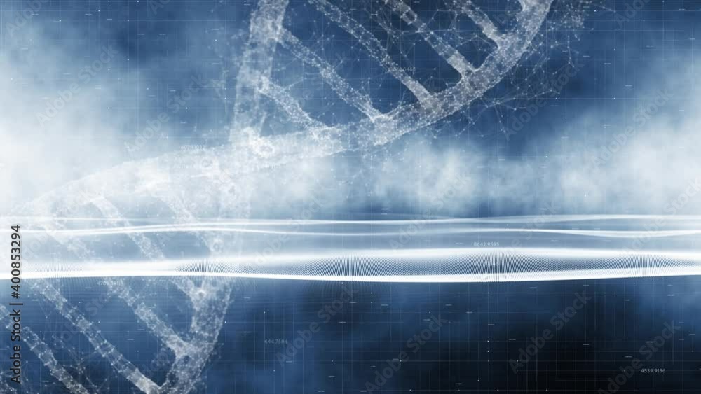 Aufkleber dna chain rotation on wavy digital background. abstract digital rotating dna molecule on futuristic 