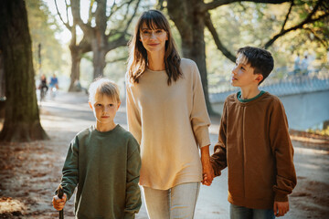 Mother and sons walking in public park on sunny day