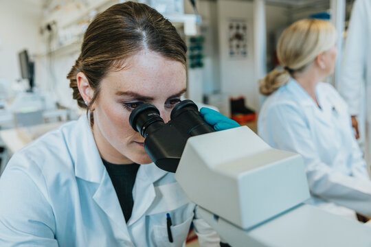 Assistant analyzing human brain microscope slide under microscope while sitting with scientist in background at laboratory