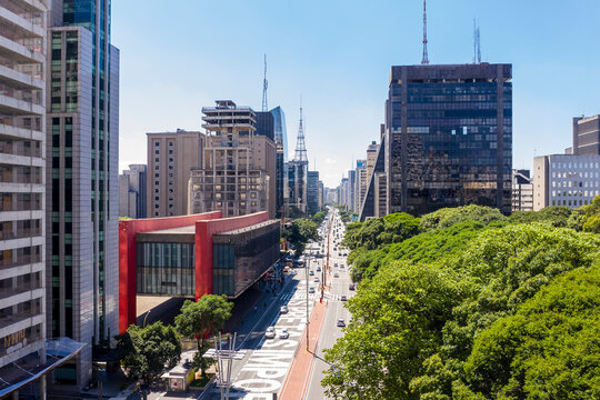 Paulista avenue, financial center of Sao Paulo and Brazil and MASP seen from above with its commercial buildings and intense movement of people and cars, Brazil, Masp