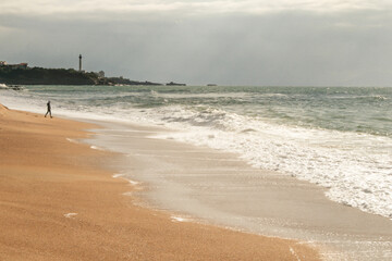 Fototapeta na wymiar plage du pays basque à Biarritz avec vue sur le phare et grosses vagues