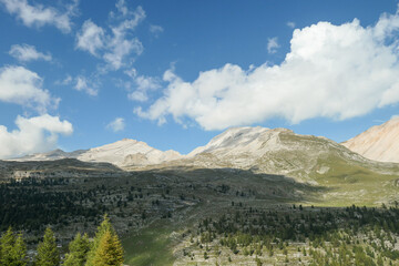 A panoramic view on the valley in Italian Dolomites. Dense forest overgrows the mountains slopes. Lush green plants. High mountain chains in the back. Spring in the mountains. Sunny day. Serenity