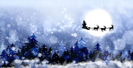 Naklejka premium Magic Christmas eve. Reindeers pulling Santa's sleigh in sky on full moon night, banner design