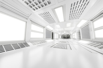 3D illustration of illuminated white space station corridor