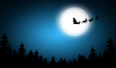 Magic Christmas eve. Reindeers pulling Santa's sleigh in sky on full moon night