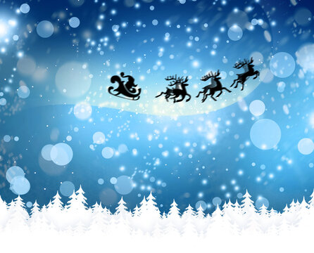 Magic Christmas eve. Santa with reindeers flying in sky on snowy night