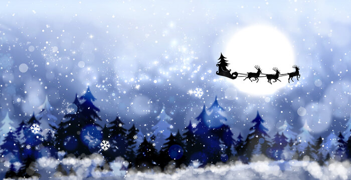 Magic Christmas eve. Reindeers pulling Santa's sleigh in sky on full moon night, banner design