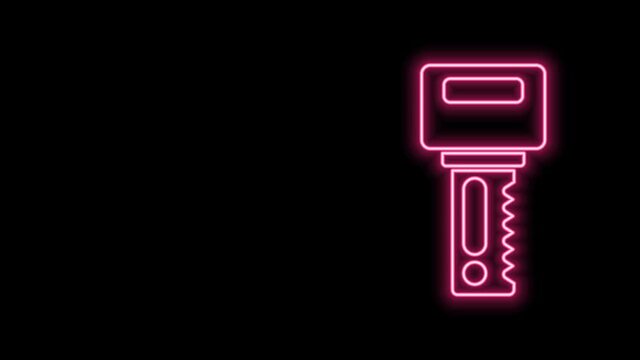 Glowing neon line Car key with remote icon isolated on black background. Car key and alarm system. 4K Video motion graphic animation