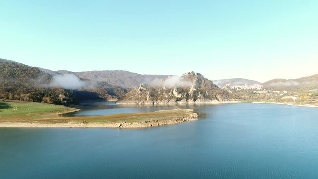 Aerial view of Lake Turano in Rieti, Castel di tora, colle di tora and Ascrea lakeside villages