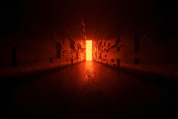 3D rendered Illustration architecture visualisation of alien fiction with yellow light open gate