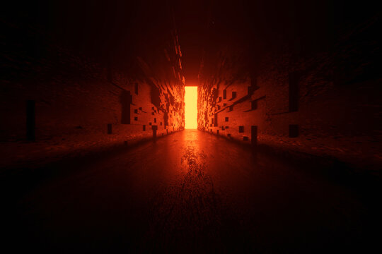 3D rendered Illustration architecture visualisation of alien fiction with yellow light open gate