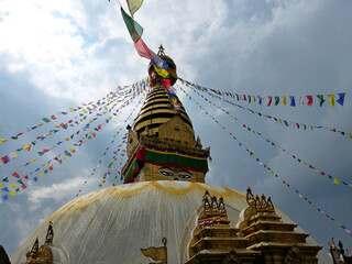 Buddhism religion sacred shrine Holy Buddhist Stupa in Kathmandu Nepal. Monkey Temple. Colorful...