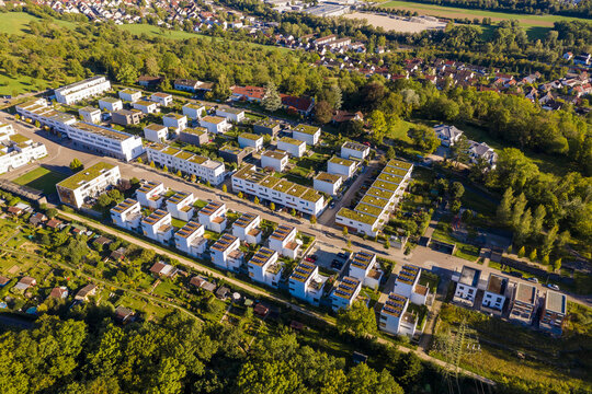 Germany, Baden-Wurttemberg,ÔøΩEsslingenÔøΩam Neckar, Aerial view of modern energy efficient suburb