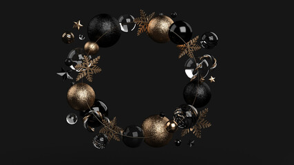 Christmas Round Wreath. Modern Golden And Black Christmas Ornaments And Candy Canes Isolated On Black Background. New Year Abstract Concept. Frame For Text. Empty Space - 3D Illustration
