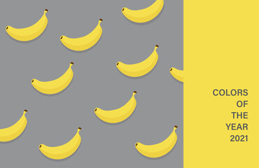 Ultimate Grey und Illuminating, Textilgewebe-Texturfärbung in Trendfarbe des Jahres 2021, gelbe Bananen auf grauem Hintergrund © danijelala