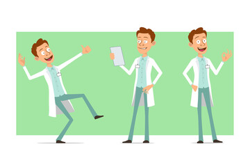 Cartoon flat funny doctor man character in white uniform with badge. Boy reading paper document and showing thumbs up gesture. Ready for animation. Isolated on green background. Vector set.