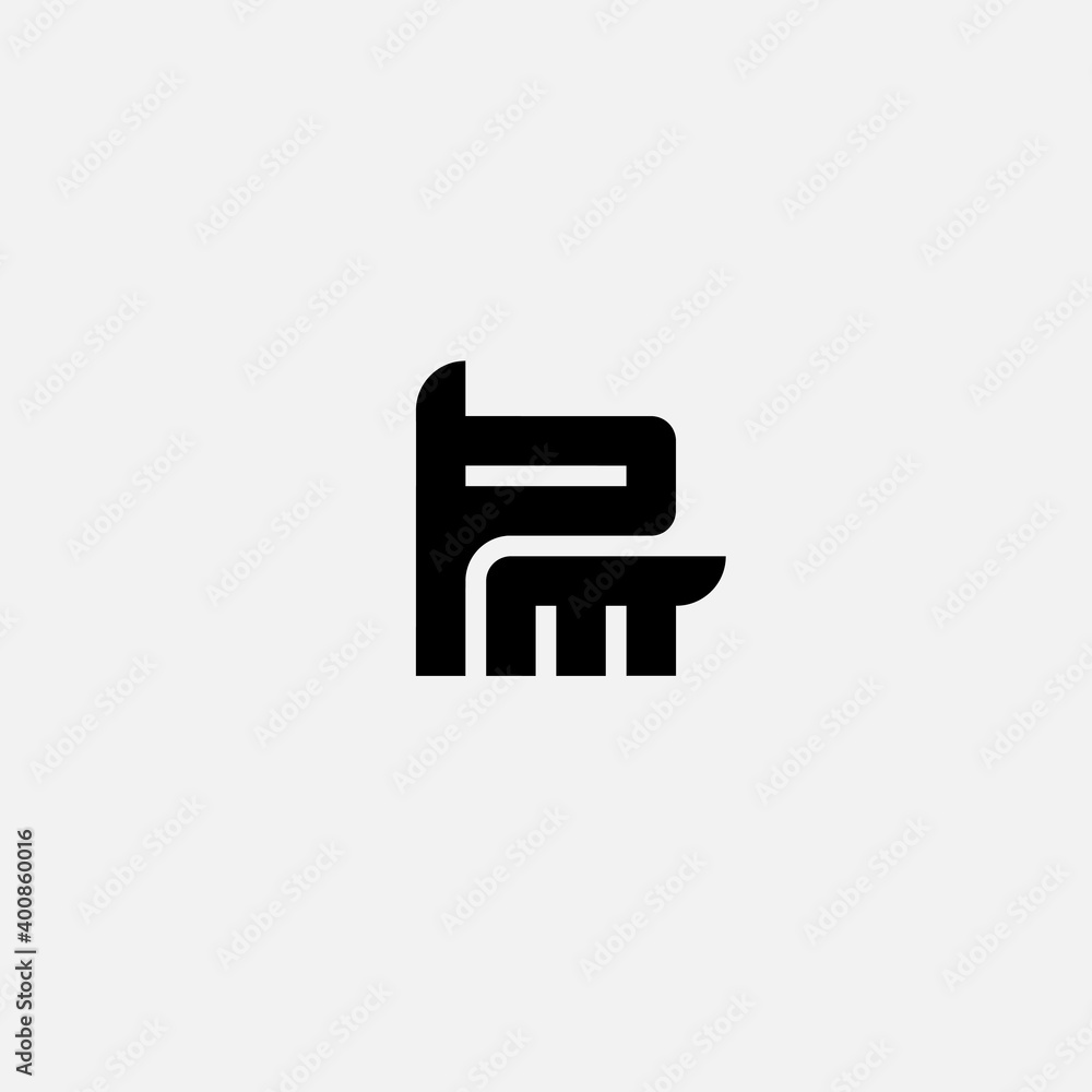 Poster logo with letters p and m in the form of a silhouette of a dog or other animal. logotype, monogram o