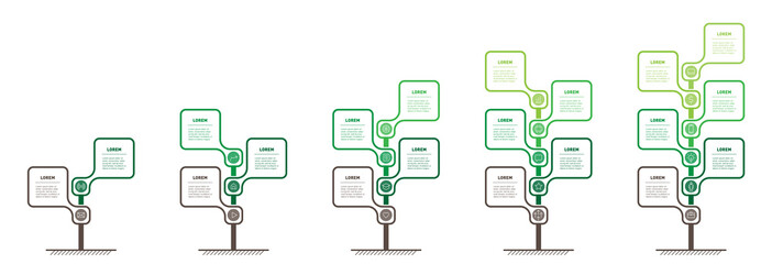 Development and growth of the green technology in the world. Business presentation with five steps or processes.Info graphic. Set of Vertical infographics or timelines with 2, 3, 4, 5 and 6 parts.