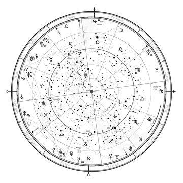 Astrological Celestial Map of The Northern Hemisphere. The General Global Universal Horoscope on January 1, 2021 (00:00 GMT). Detailed chart with symbols and signs of Zodiac, planets, asteroids & etc.