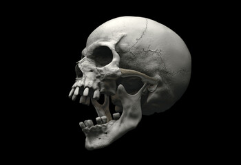 Human skull with an open lower jaw on a Black isolated background. The concept of death, immortality, eternal life, horror. Acult symbol. Spooky Halloween symbol. 3D render