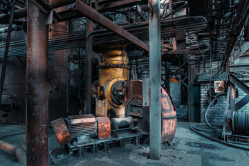 Fototapeta na wymiar Steel rusty equipment in old creepy abandoned metallurgical factory. Ruined industrial blast furnace.