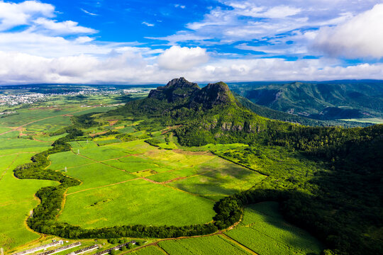 Mauritius, Black River, Helicopter view of Rempart Mountain in summer