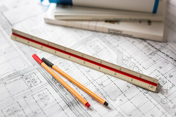 Pen and ruler on blueprint