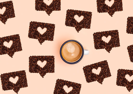 Pattern of mug of coffee surrounded by roasted coffee beans arranged into shapes of online chat bubbles