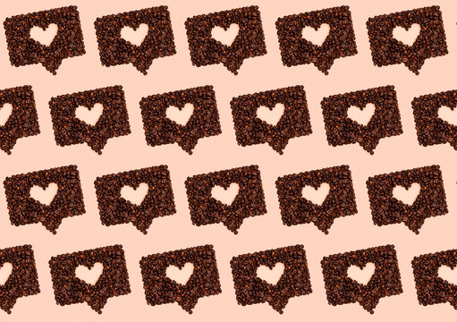 Pattern or roasted coffee beans arranged into shapes of hearts inside online chat bubbles