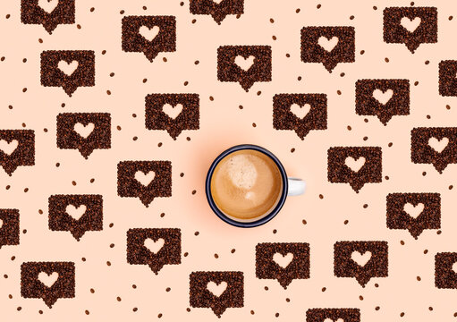 Pattern of mug of coffee surrounded by roasted coffee beans arranged into shapes of online chat bubbles