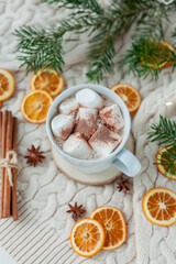 Christmas home decor. Cocoa with marshmallows.
