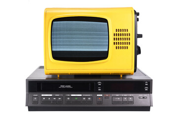 Fototapeta premium Old yellow vintage TV with noise and interference on the screen from 1980s, 1990s, 2000s, VCR isolated on white background.