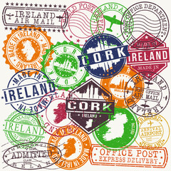 Cork Ireland Set of Stamps. Travel Stamp. Made In Product. Design Seals Old Style Insignia.