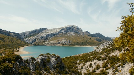 Obraz premium Scenic shot of the water reservoir of Embassament de Cuber in Fornalutx, Majorca, Spain. High quality photo