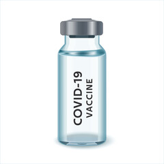 Coronavirus vaccine COVID-19. Vaccine and vaccination against coronavirus, COVID-19, virus, flu. Glass Vial of In Injection Solution on white Background.  Raster illustration.