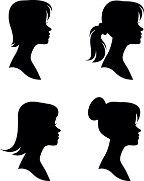 Set of female portraits with different hairstyles, isolated female stylized black silhouettes in profile on a white background. Vector illustration